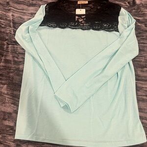 Easther Women's Black Lace and Light Blue Long Sleeve Top Size M